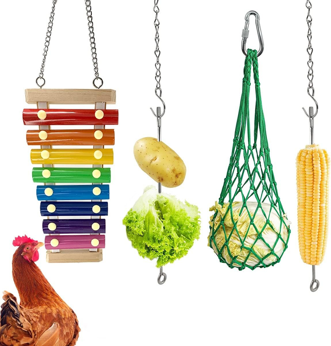 4PCS Chicken Coop Toys-Chicken Xylophone Toy Chicken Veggies Fruit Skewers Lettu