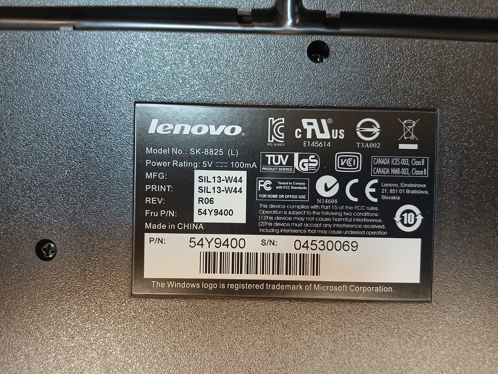 Lenovo Sk-8825 USB Keyboard - Black