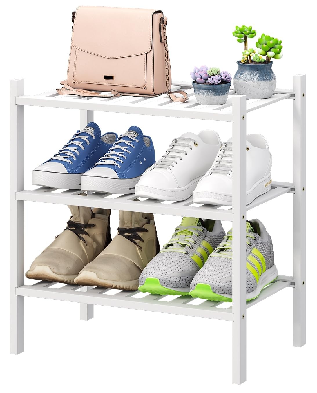 Small Shoe Rack for Entryway, White Shoe Organizer for Closet, Bamboo Wood St...