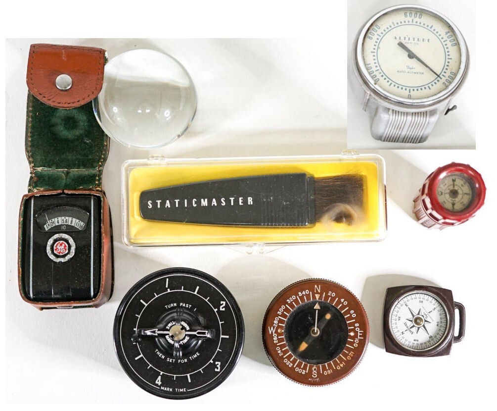 Collection of Vintage Compasses, Light Meter, Altimeter, Staticmaster, etc.