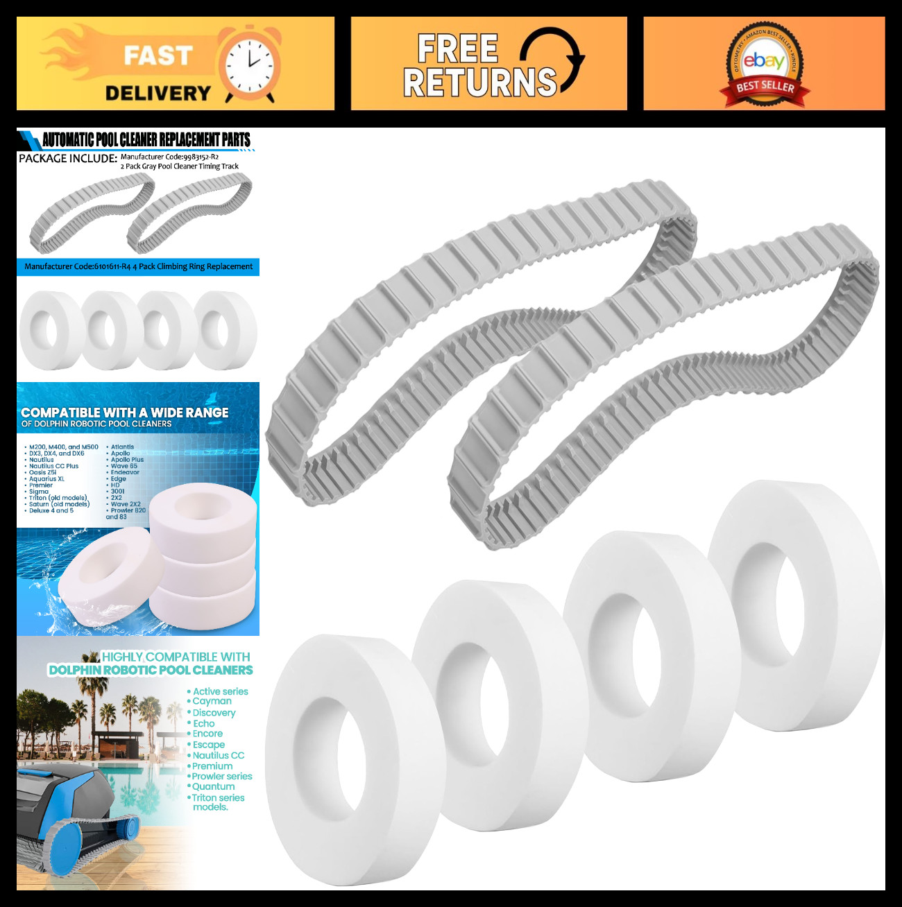 6 Pack Automatic Pool Cleaner Parts - Timing Track & Climbing Ring Kit for Robot