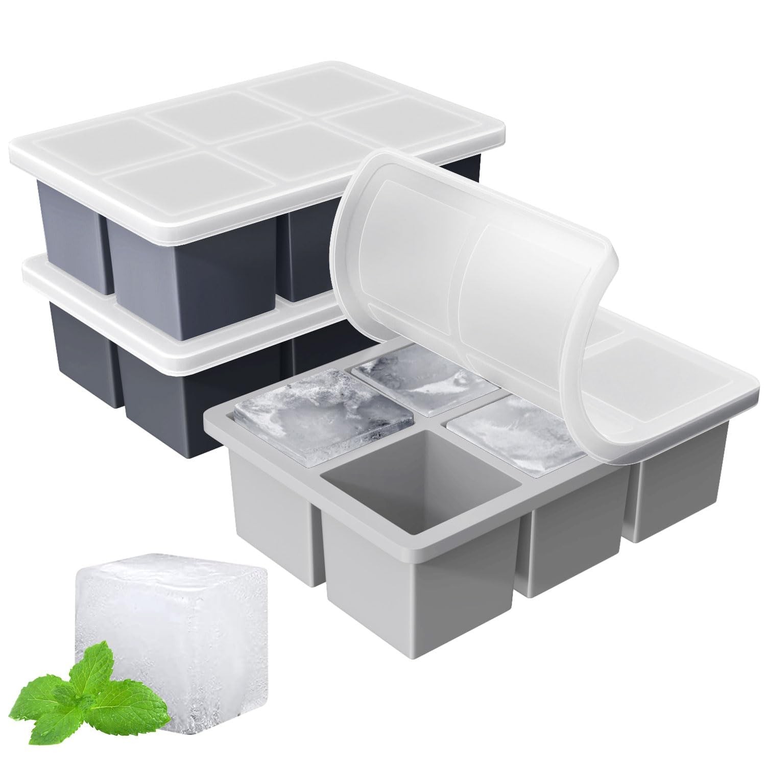 Large Ice Cube Tray 9.5 x 6.2 x 3.3 inches, Black + Dark Gray + Light