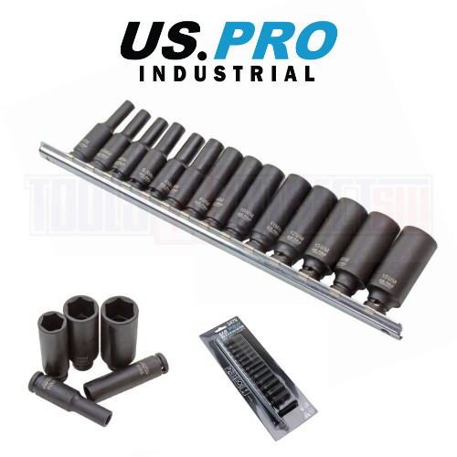 US PRO INDUSTRIAL 14pc 1/4" DR 6pt Deep Impact Sockets 4-15mm On Storage Rail