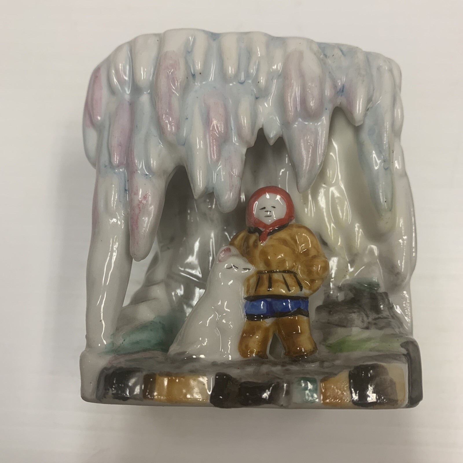 Used Japan Vase/Planter Ice Cave With Eskimo & Dog 3 1/8 In Tall Unusual U