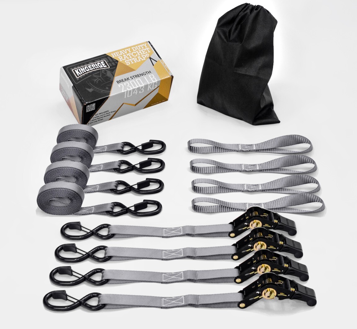 KINGERIGE Heavy Duty Motorcycle Ratchet Straps - 4 Pack with Soft Loops
