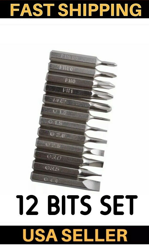 12pcs Cross Phillips Screwdriver Bit Set Ph000 Ph00 Ph0 Ph1 Ph2 Slotted 4MM Hex