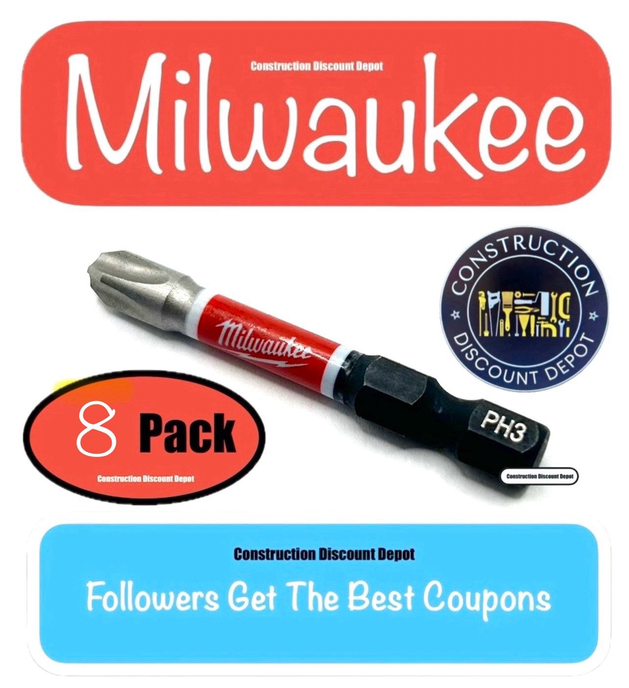 8 Pack PH3 2" Milwaukee Shockwave Impact Drill Bit Set Phillips #3 Screw Driver