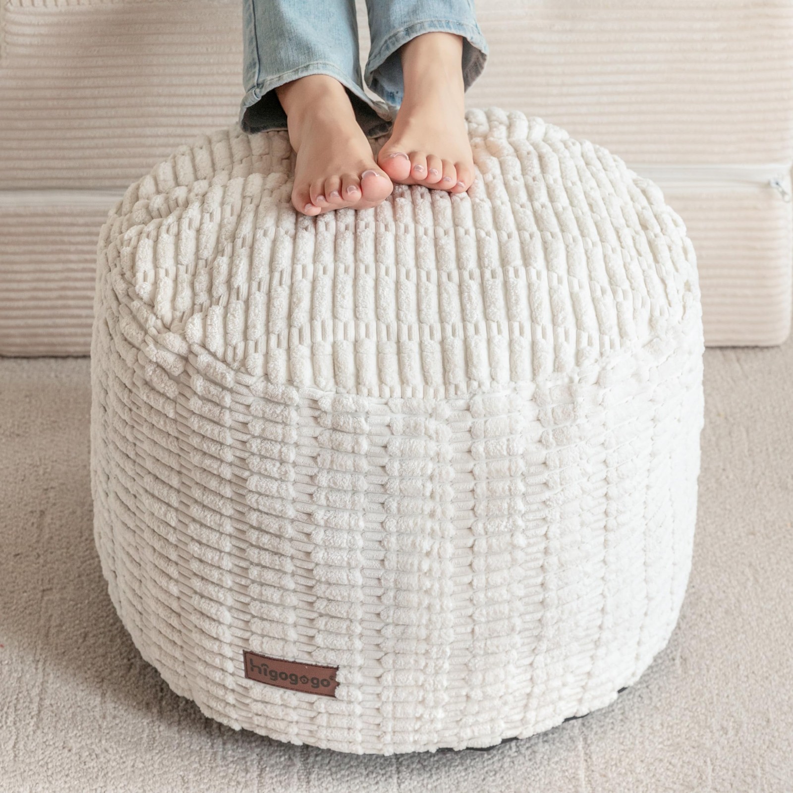 HIGOGOGO Pouf Ottoman Stuffed Round Modern Foam Filled Foot 20 Inch, Beige