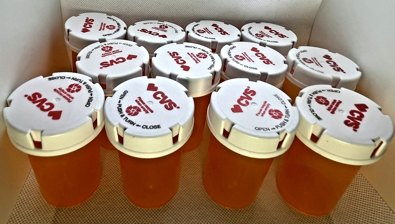 Lot of 12 Plastic CVS Pill Bottles Amber Empty Clean Containers & Caps Crafts 3"