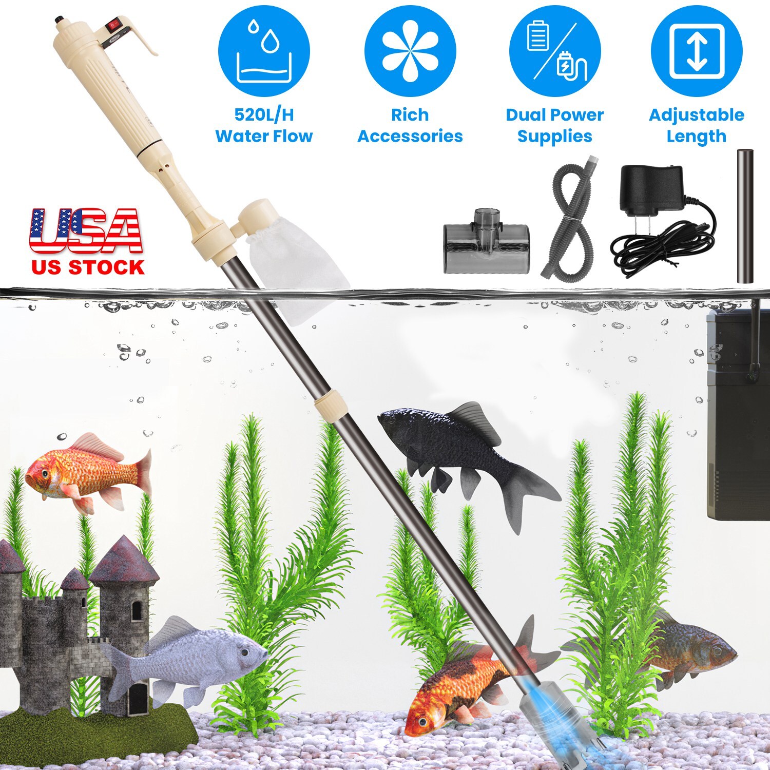 Electric Aquarium Gravel Vacuum Cleaner Kit Length Adjustable Auto Fish Tank