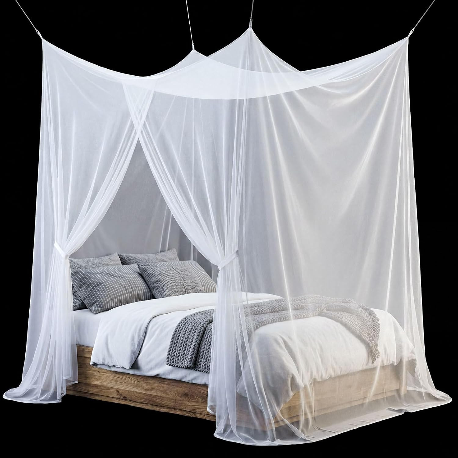 Bed Mosquito Net Rectangular Canopy Drapes with Hook Nylon Rope for Single Twin