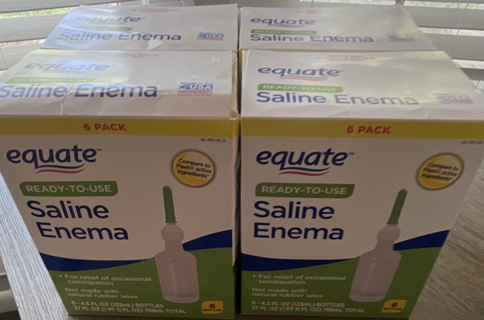 4 boxes Equate Ready-to-Use Saline Enema 6 Pack, 4.5 fl oz, Latex-Free bulk