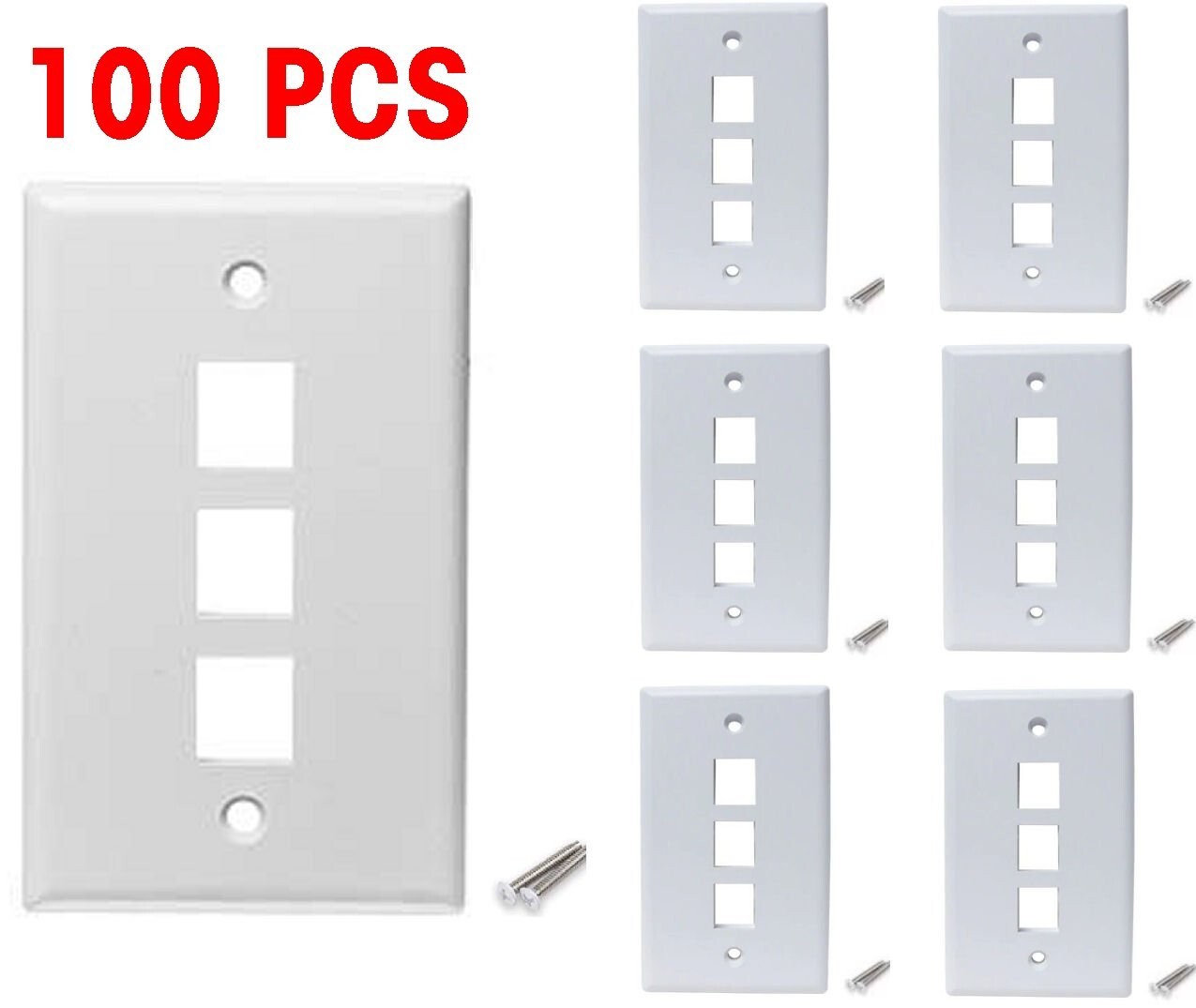 100 PCS Pack 3 Port Keystone Insert Jack CAT5 CAT6 RJ45 Coax Wall Plate WHITE