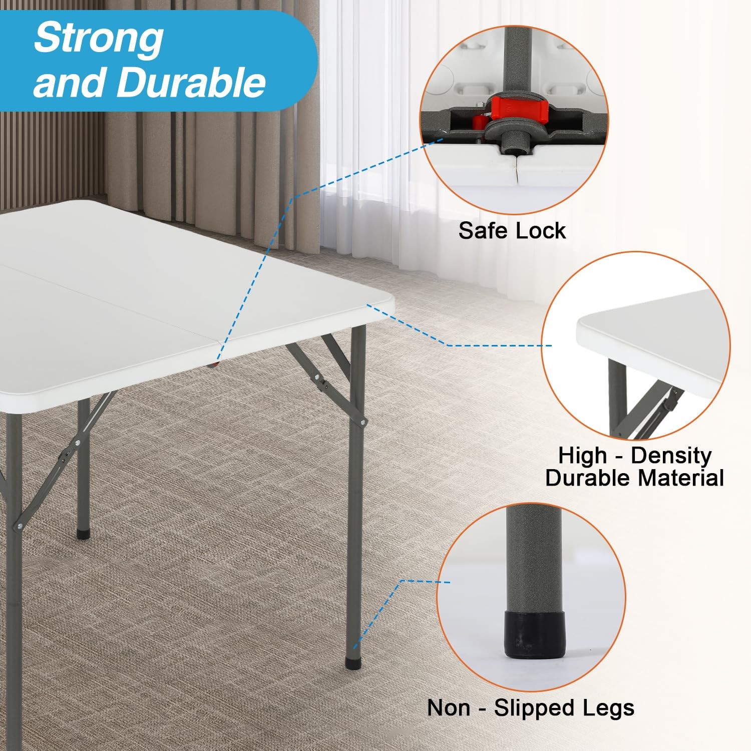 FDW 34" Folding Card Table Plastic, Portable Square Height, 34", White
