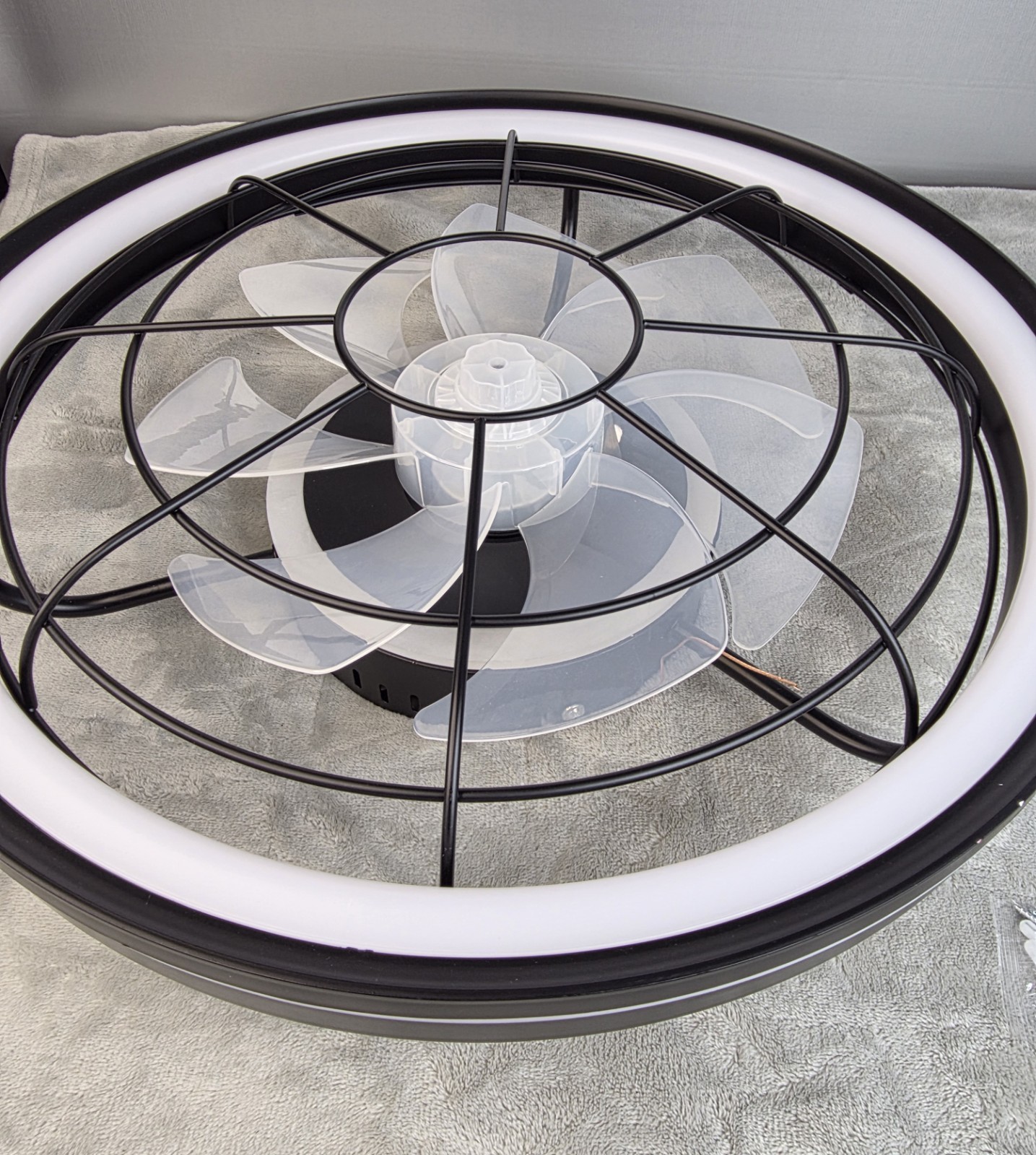 Modern Black Caged LED Ceiling Fan w/ Remote Flush Mount 7 Blade