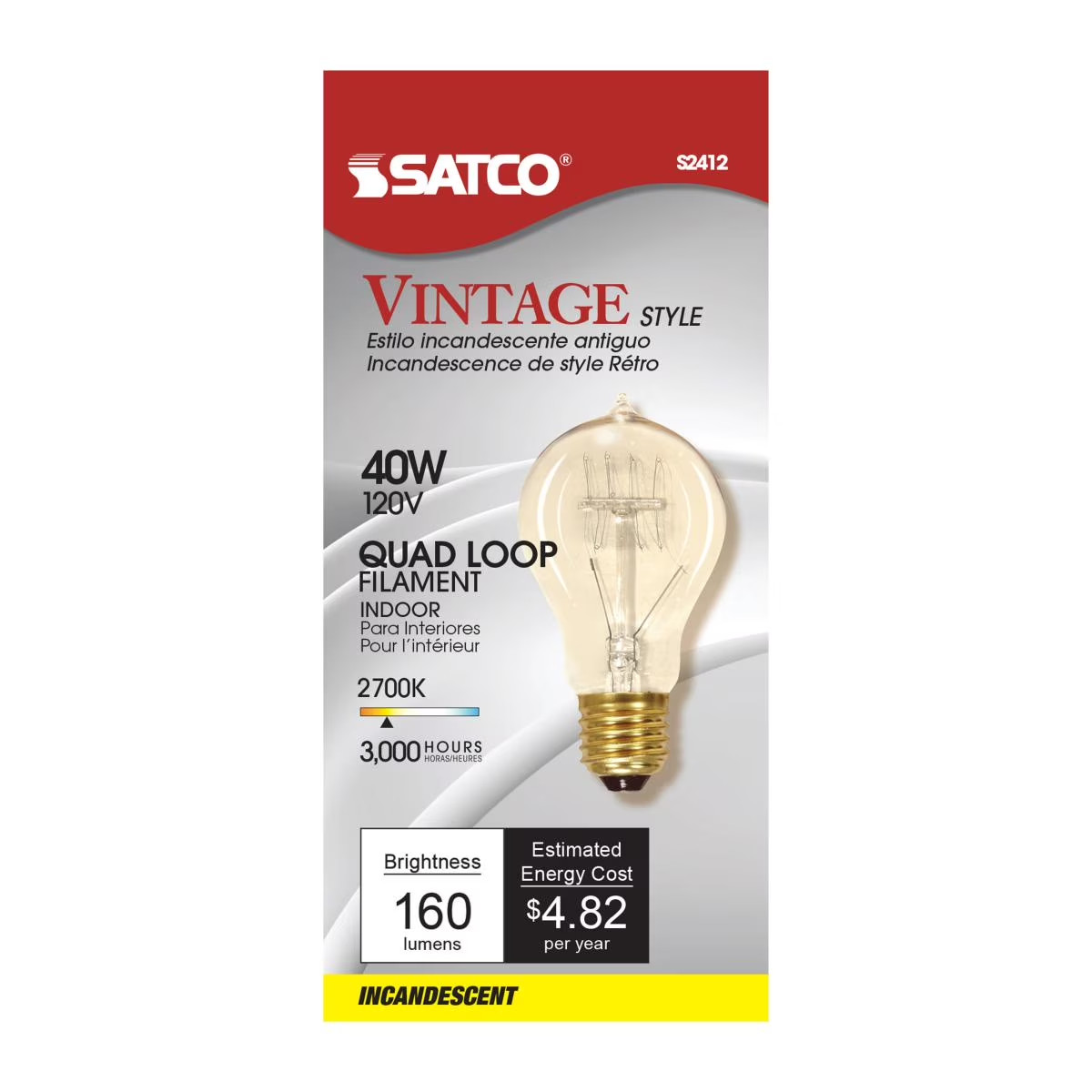 Satco S2412 - 40 Watt A19 Vintage Quad Loop Light Bulbs - E26 - 2700K (6 Pack)