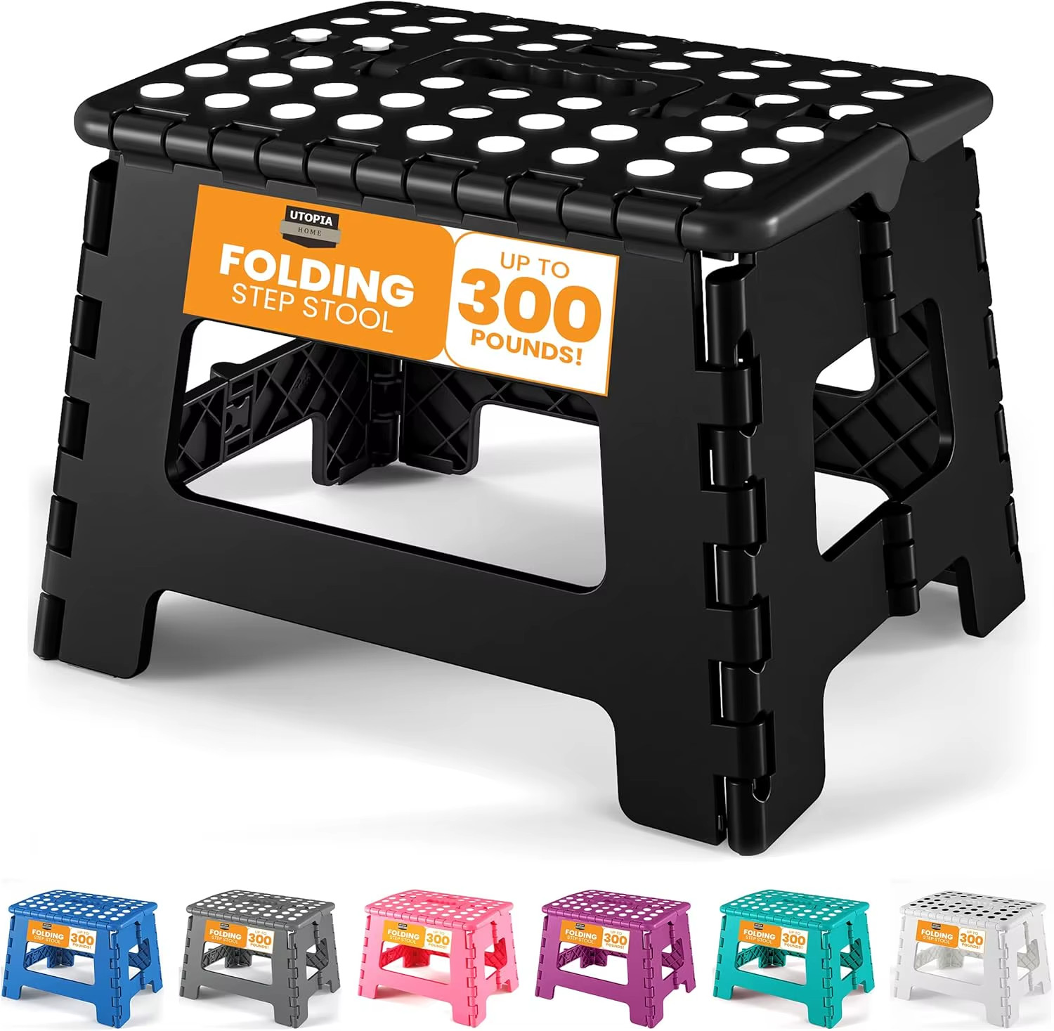 9" Folding Step Stool with Handle – Anti-Slip, 300 lb Capacity, Black