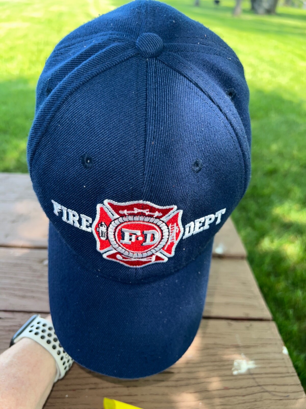 FD Fire Dept Navy Blue RWB Logo Hat Cap Hook Loop Dry Cleaned Good Condition
