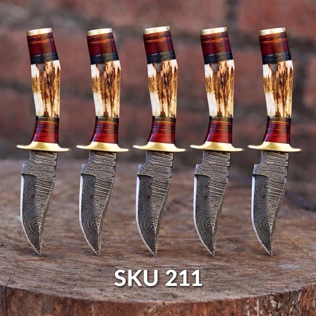 Lot of 5 Knives Handmade Damascus Fix Blade Skinner Knife Stag Antler Handle