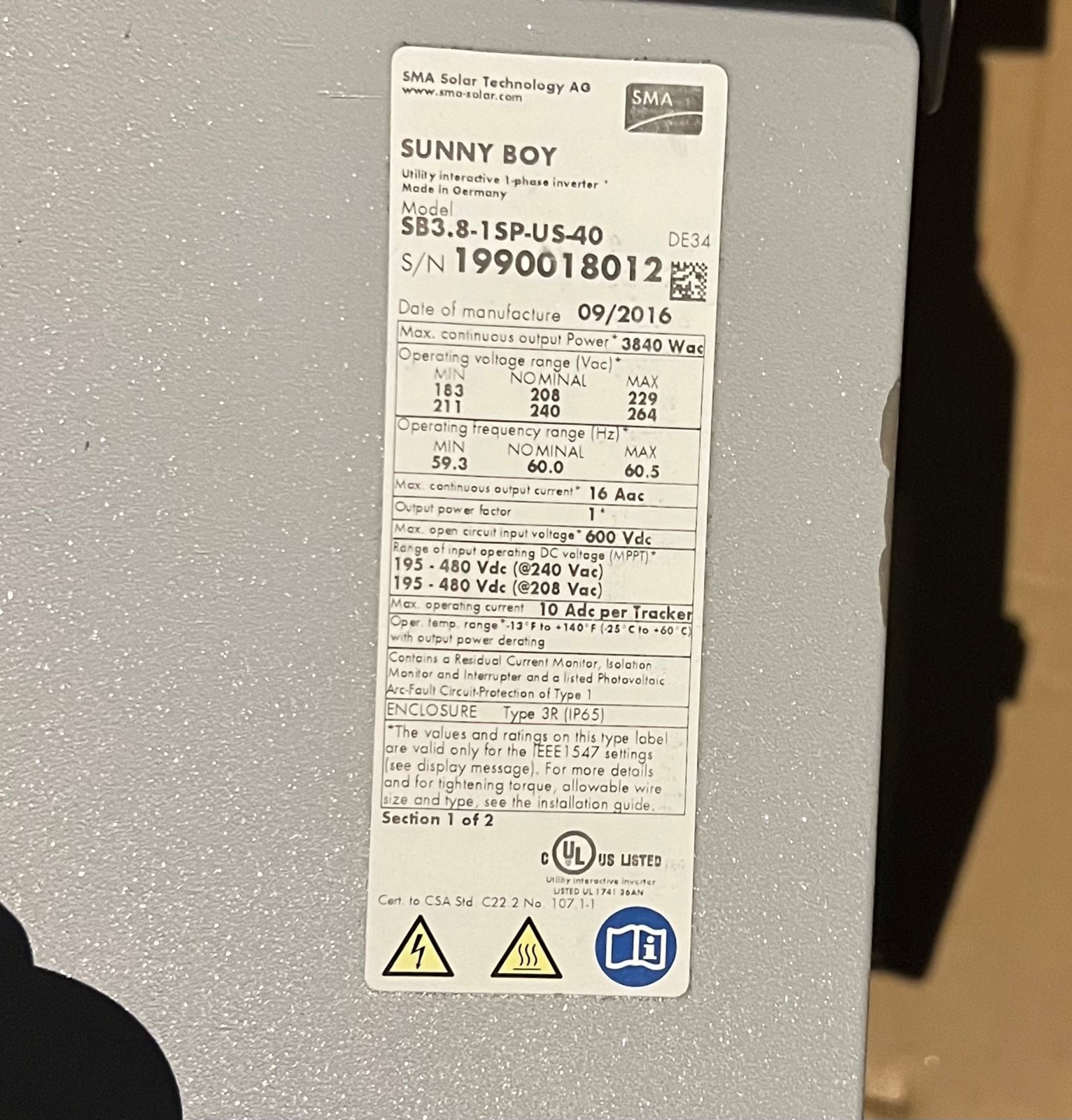 NEW IN OPEN BOX SMA Sunny Boy SB3.8-1 SP-US-40 3800W Grid Tie Solar Inverter