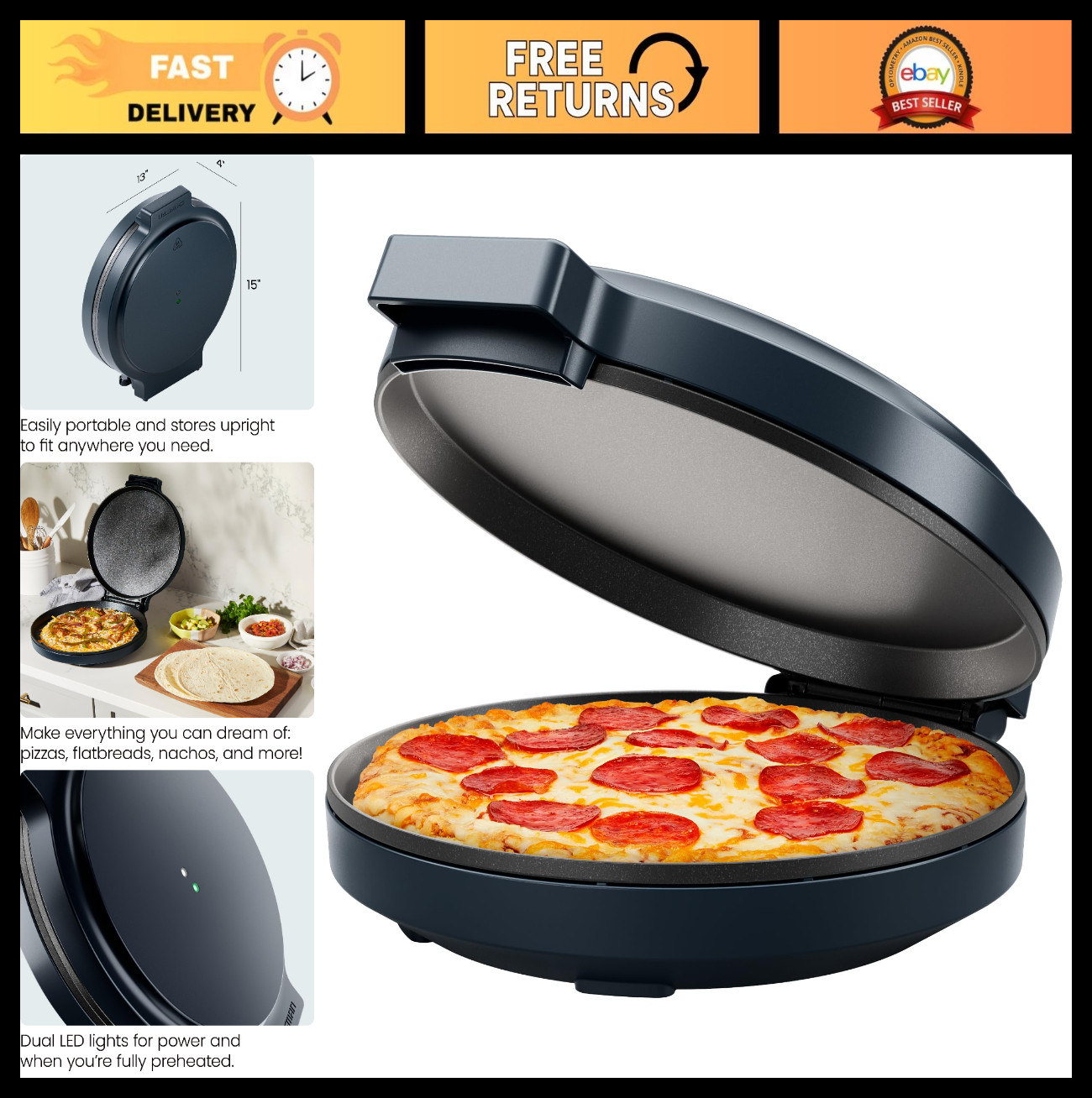 Versatile 1440W Electric Pizza Maker & Countertop Oven - 12” Nonstick Plates, Qu