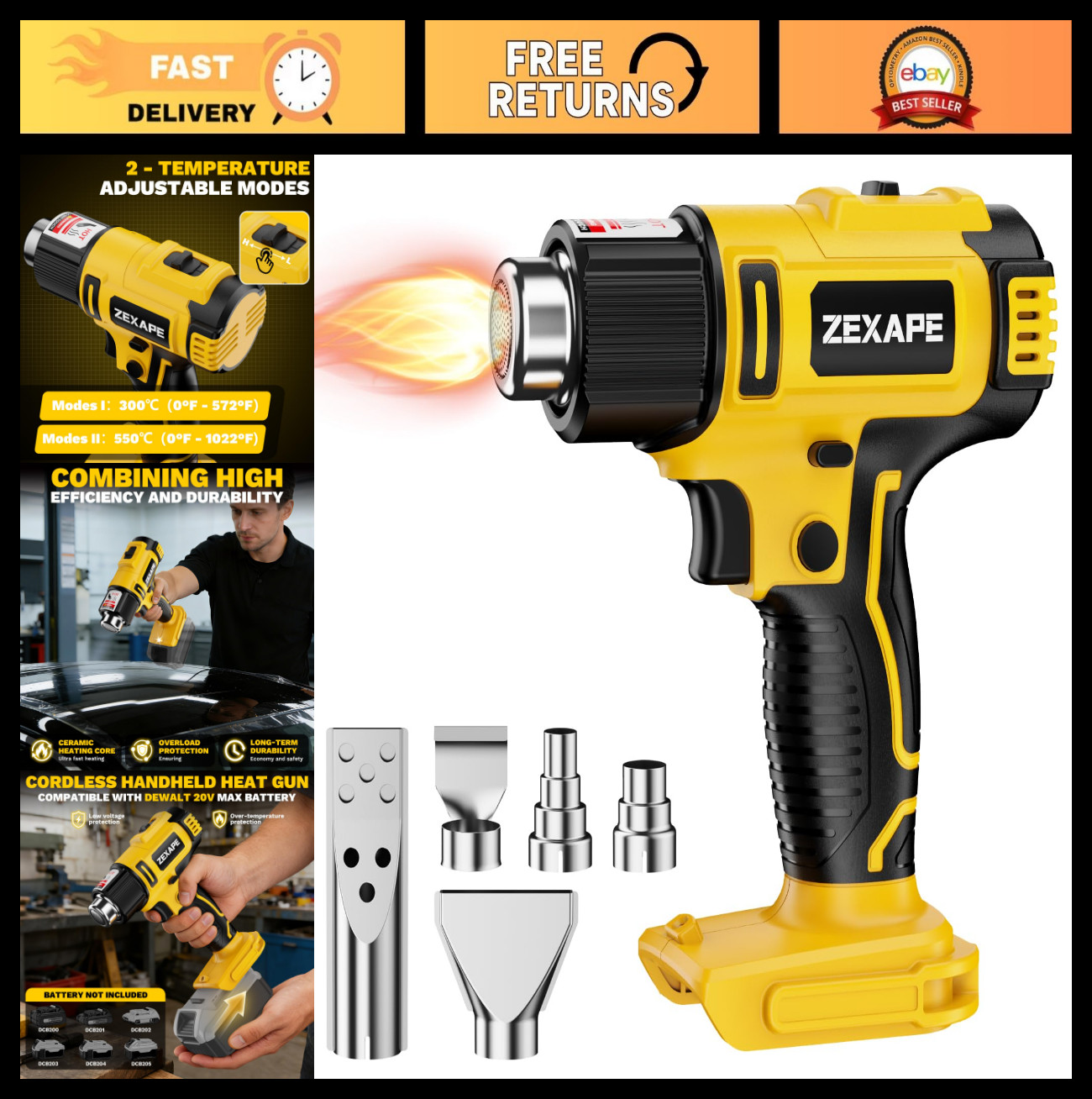 Cordless Heat Gun 350W Fast Heating Soldering Tool, 122℉-1022℉ Temp, 5 Nozzles,