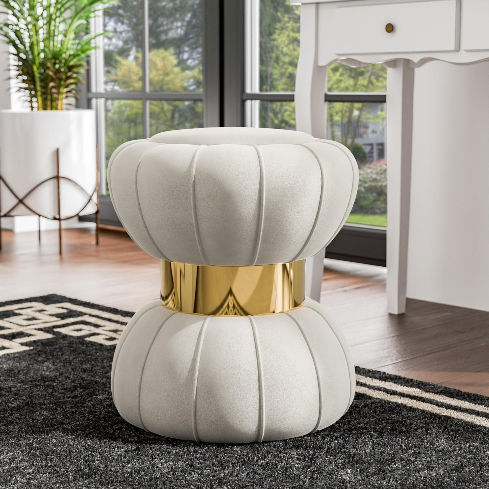 Magnus Modern 15-inch Upholstered Ottoman with Hourglass Shape and Stainless ...