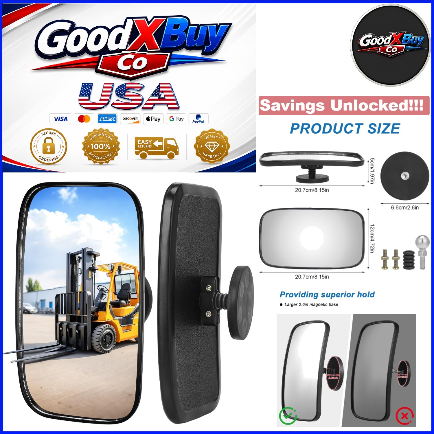 2 Pack Magnetic Forklift Mirrors 2.6 In Convex Adjustable Side Mirrors