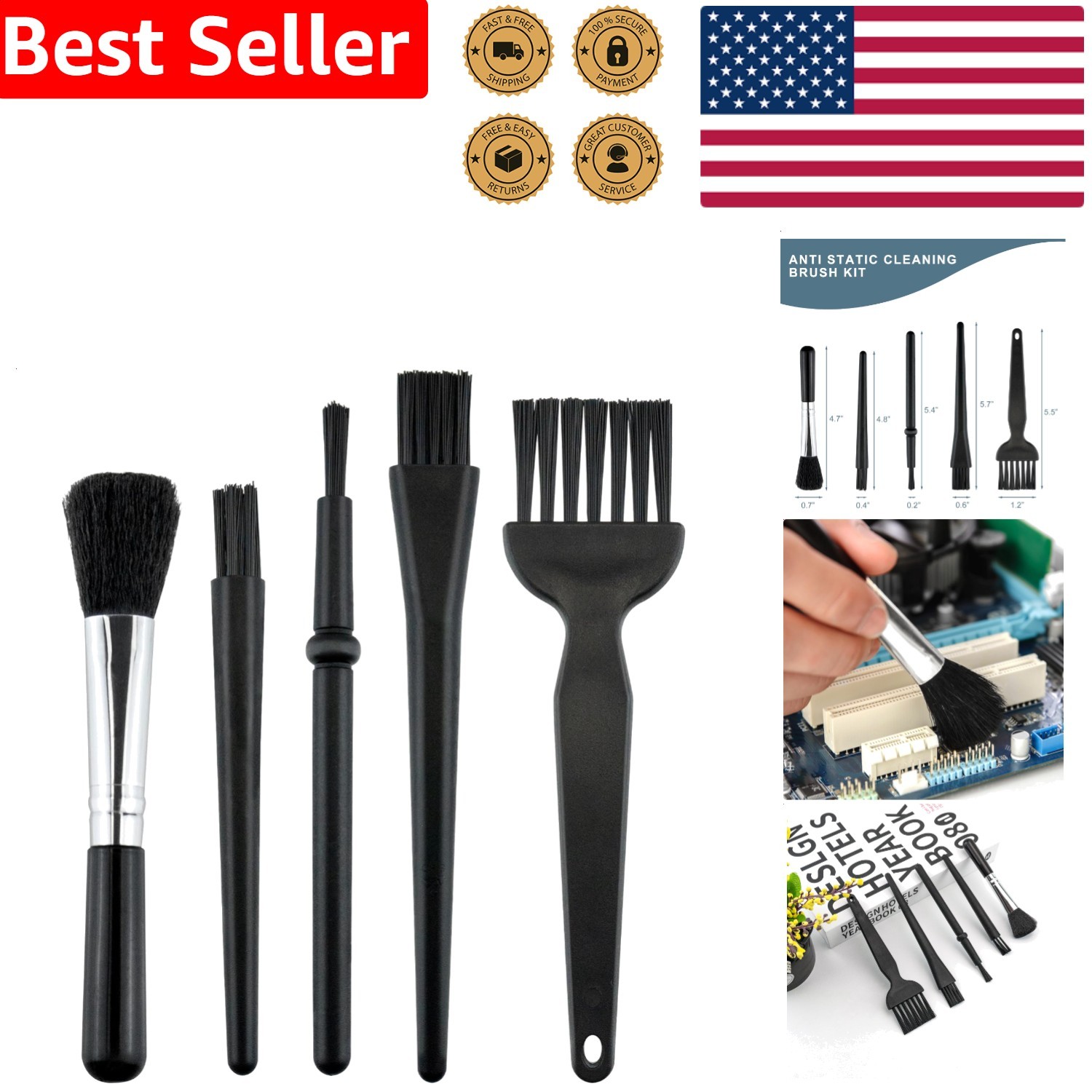 Complete Anti-Static Cleaning Brush Kit 5pc Mini Computer Keyboard Camera Device