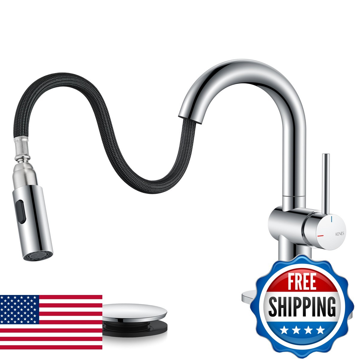 KENES Chrome Single Handle 1 Hole Bathroom Faucet with Pull Down Sprayer