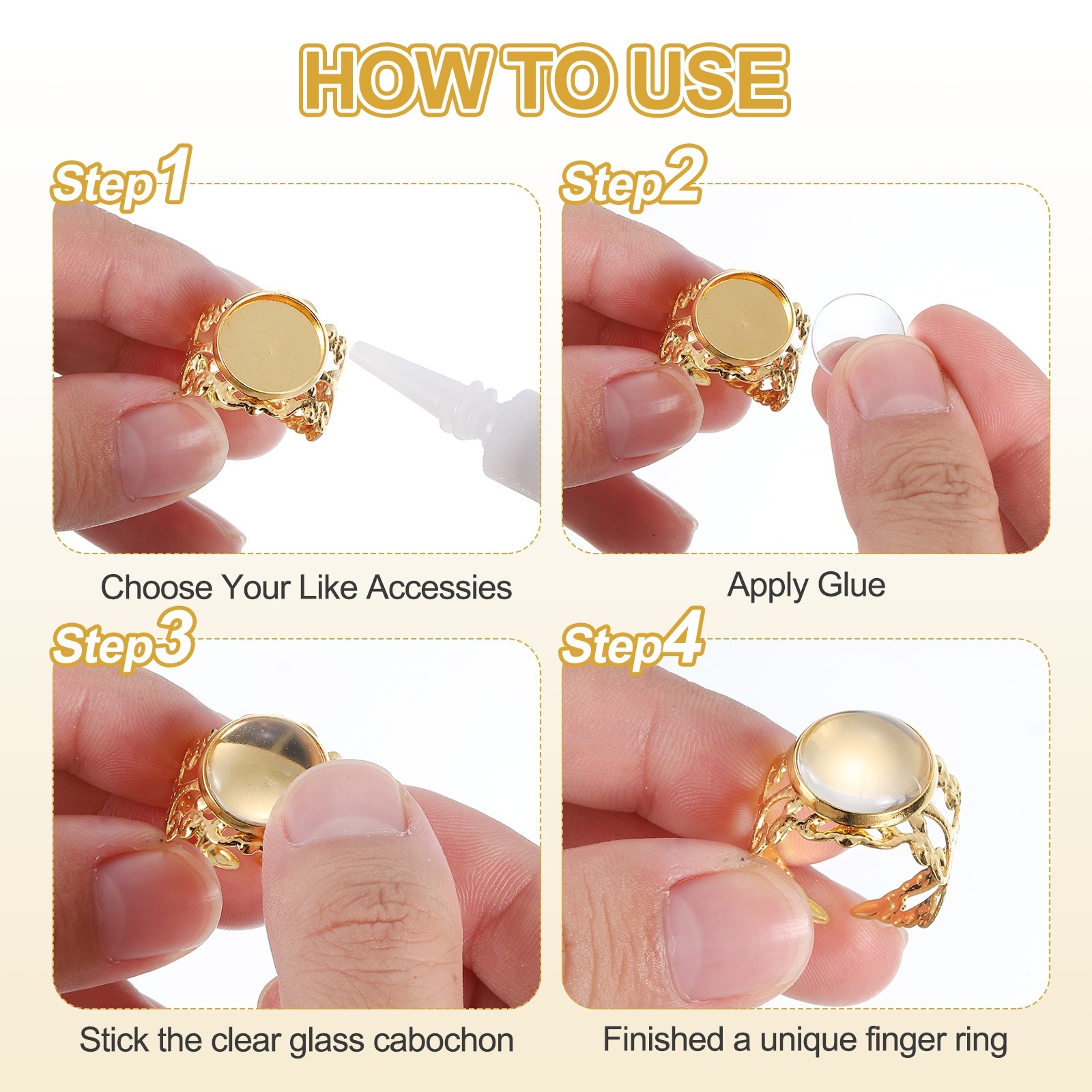 10Pcs Metal Ring Base Blank, 12mm Ring Blank Base with 10Pcs Cabochon(Gold)