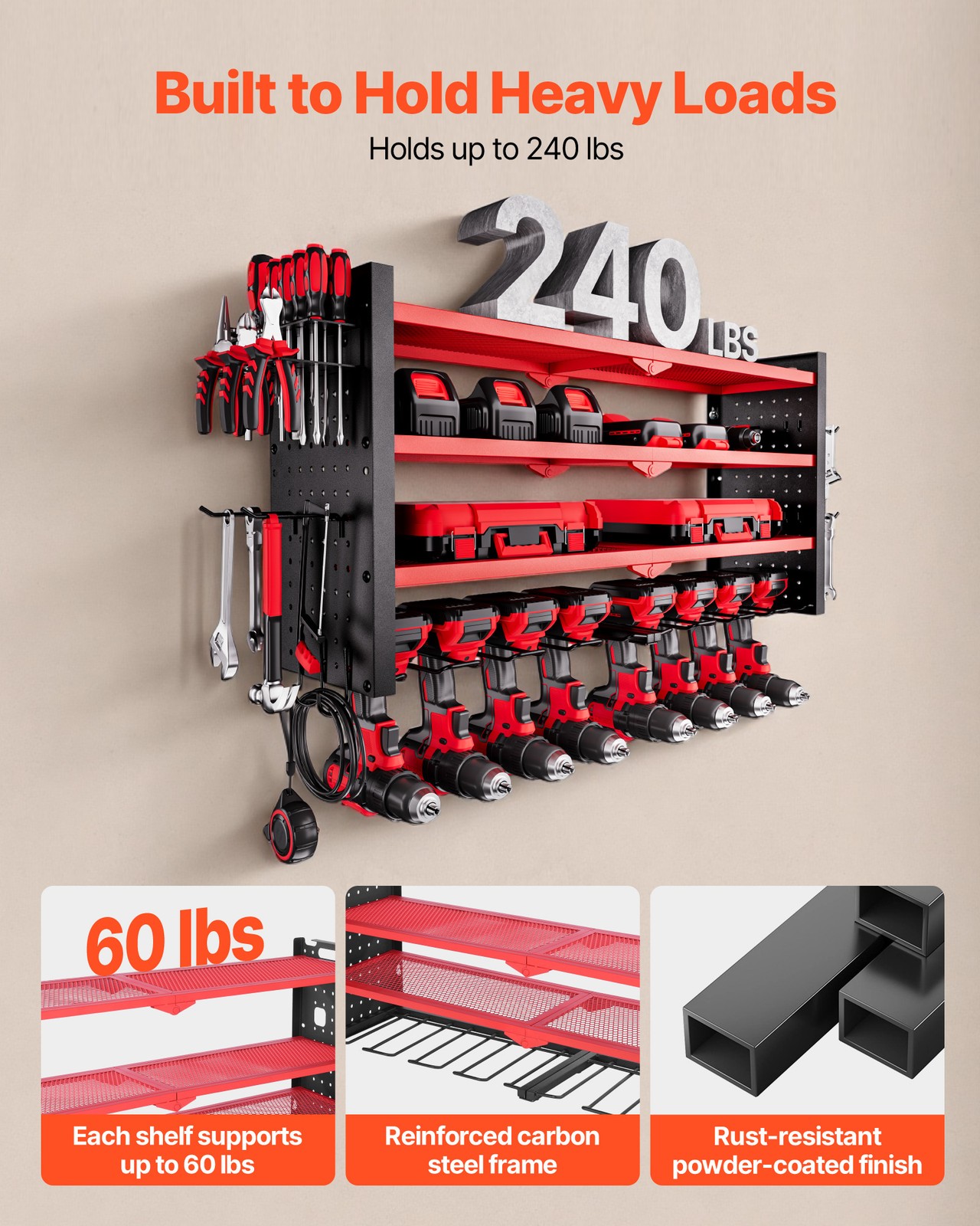 VEVOR Power Tool Organizer Wall Mount 4-Layer Drill Storage Rack 8 Drill Holders