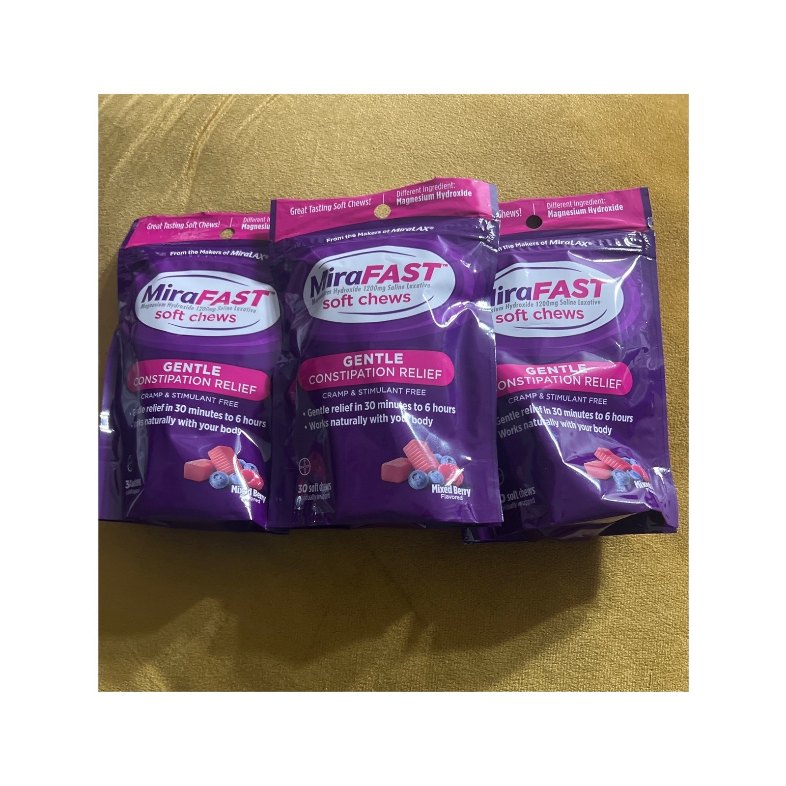3 MiraFAST Magnesium Hydroxide 1200mg Soft Chews Mixed Berry 30ct 90 Total