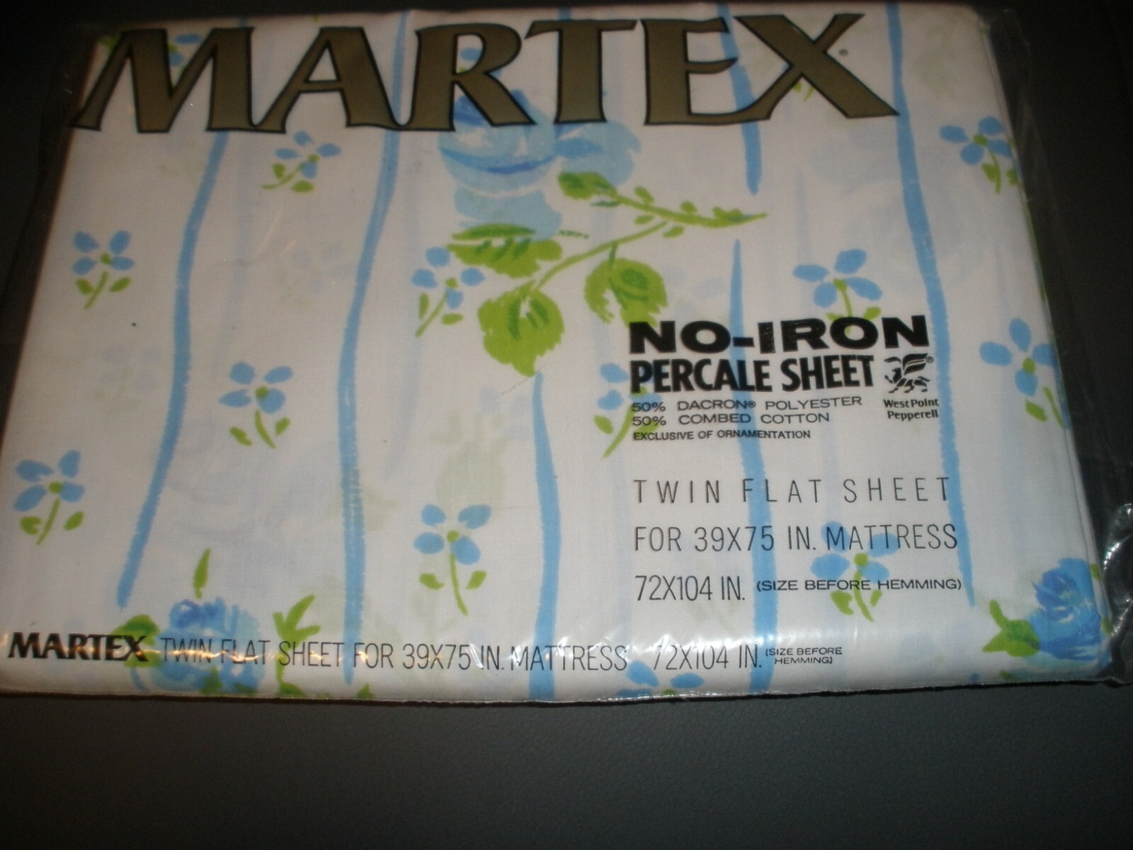 NEW VTG NOS Martex No Iron Percale Twin Flt Sheet White w/ Blue Flowers/Str(NSH1