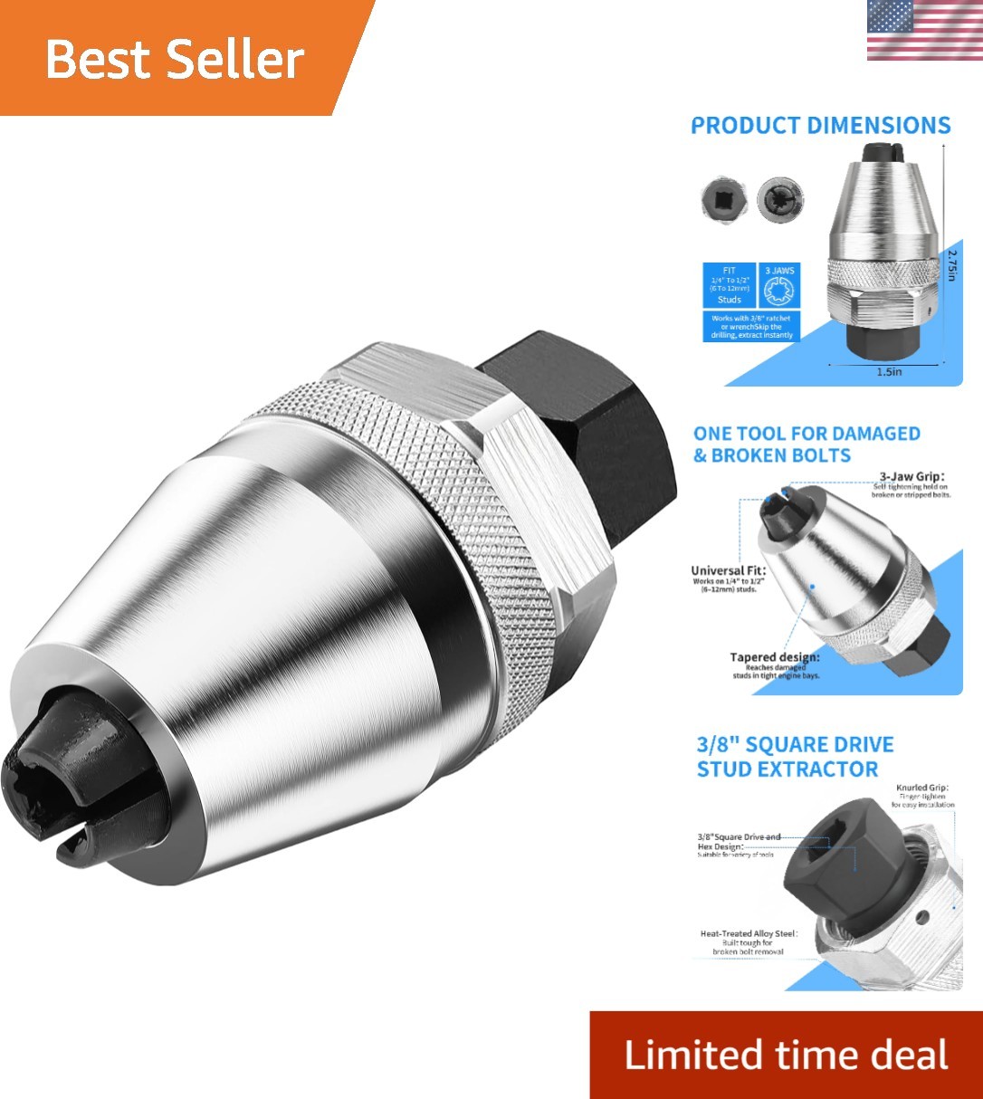 Effortless Bolt Extraction Tool with Manual Adjustments for 1/4" to 1/2" Bolts