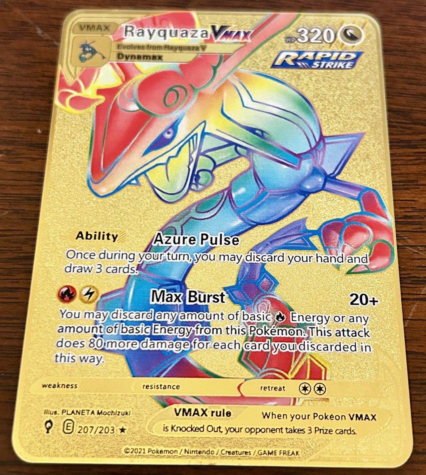 Rayquaza Vmax 207/203 Gold Metal Fan Art Card