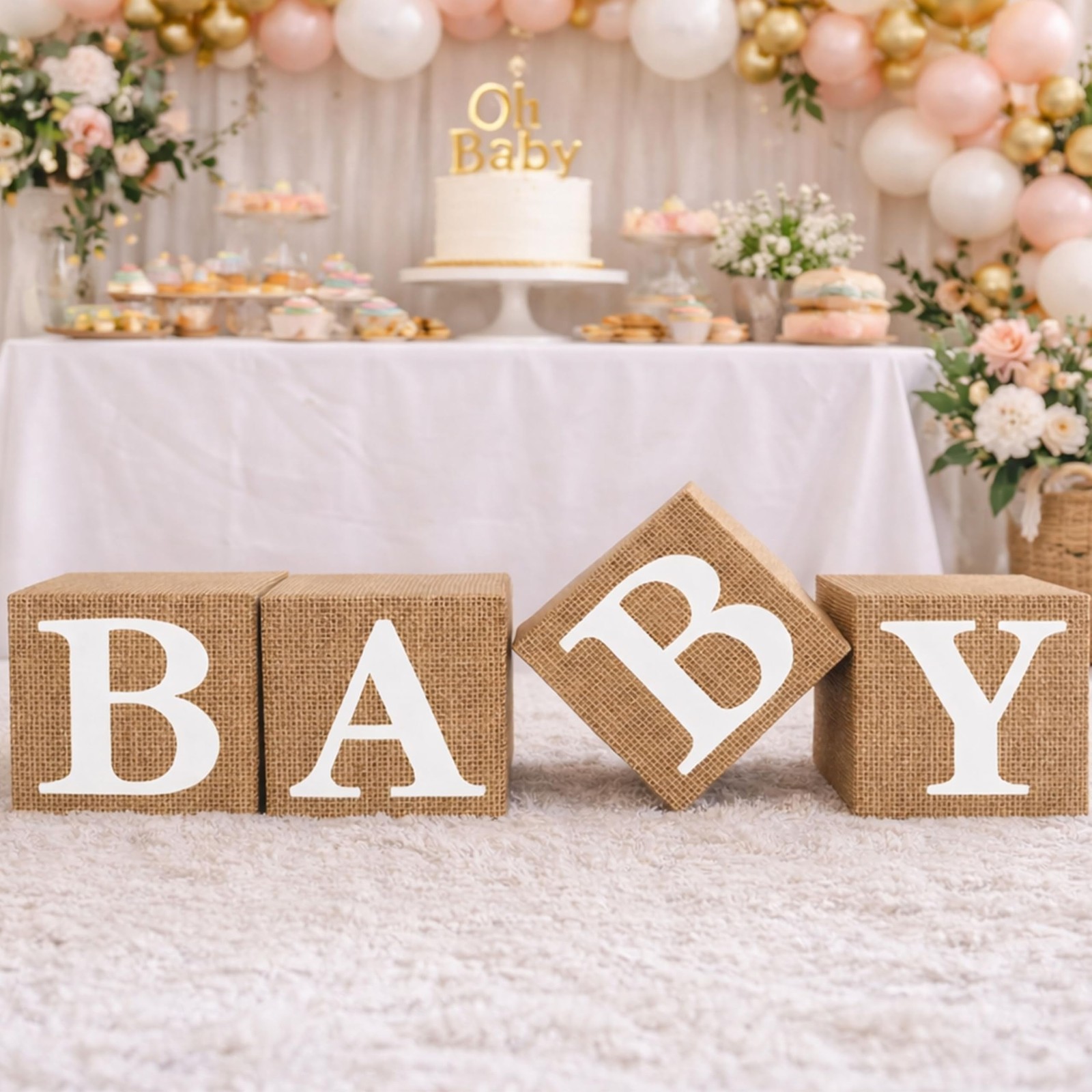 Baby Shower Burlap Print Boxes – Set of 4 Rustic Baby Letter Cubes, Lightweig...