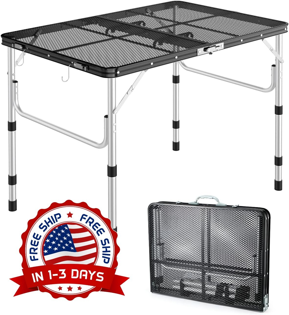 Mesa de camping portátil de altura ajustable con 2 ganchos, ligera y compacta US
