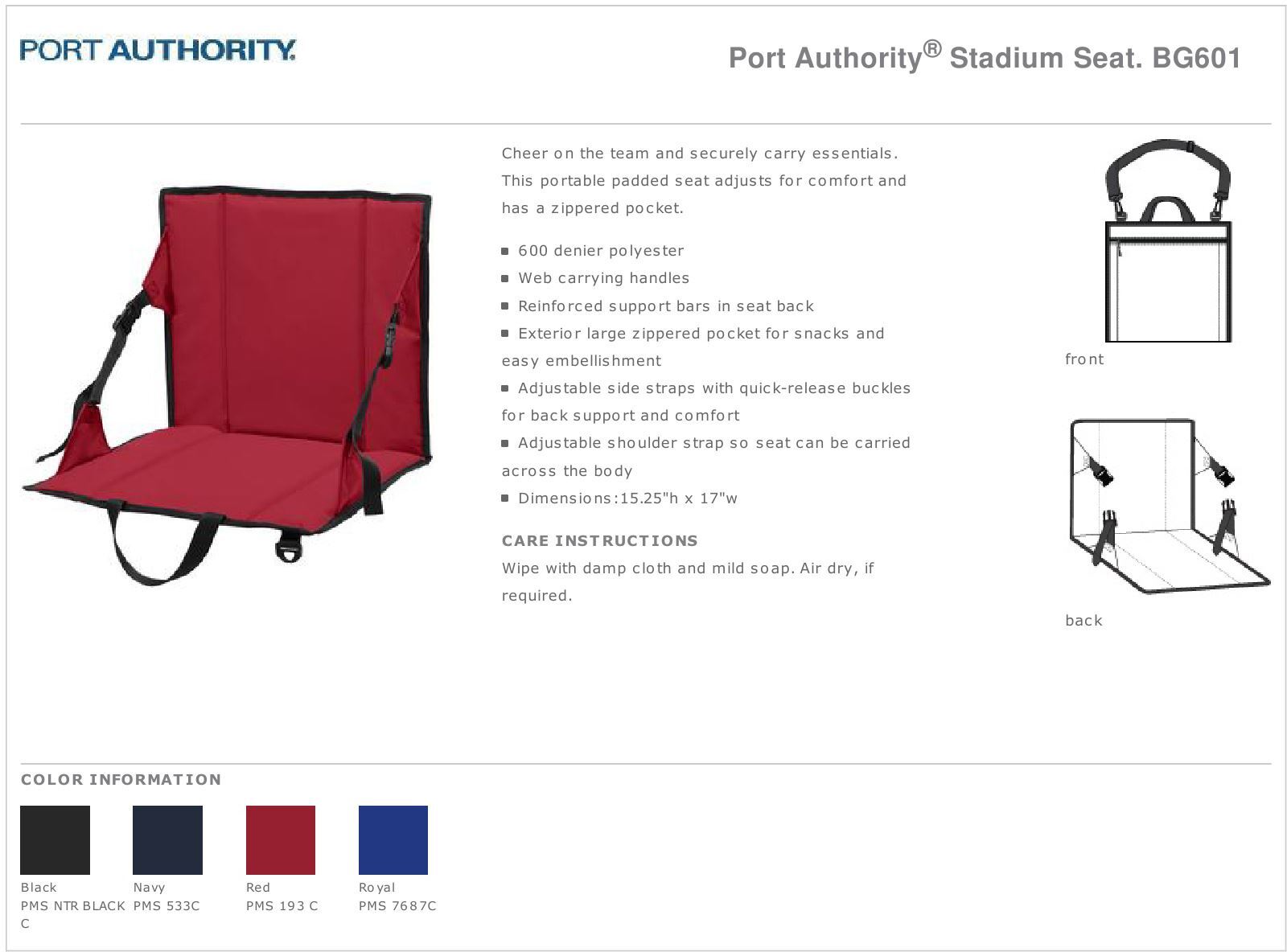 Port Authority Reinforced Support Back Bars Stadium Seat BG601