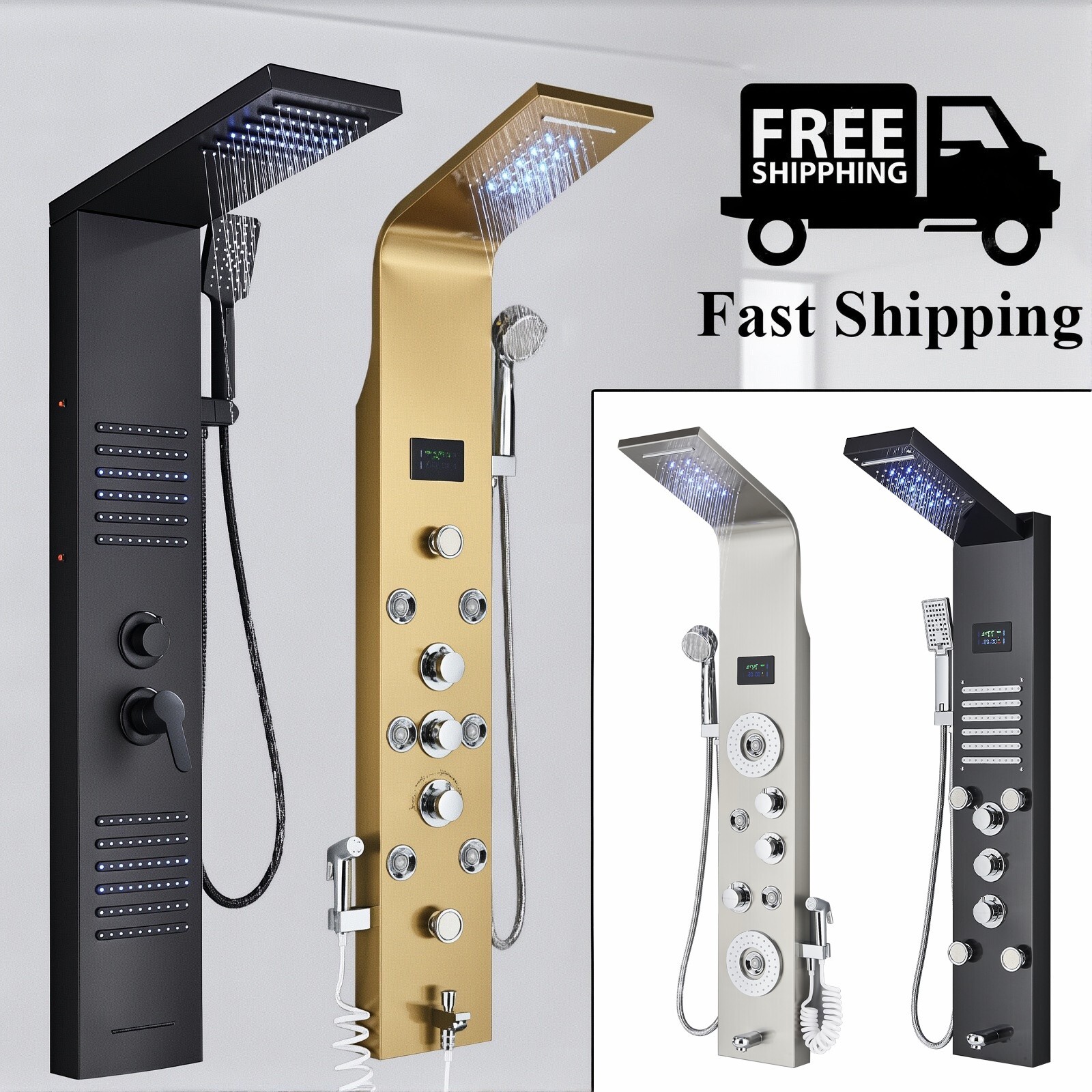 Stainless Steel LED Rain Waterfall Shower Panel Tower Column System Massage Jets
