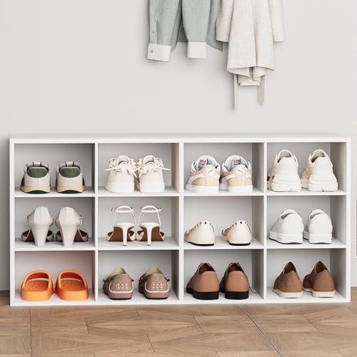 12-Cubby Shoe Rack, 3-Tier Wood Shoe Organizer, Multifunctional Shoe White