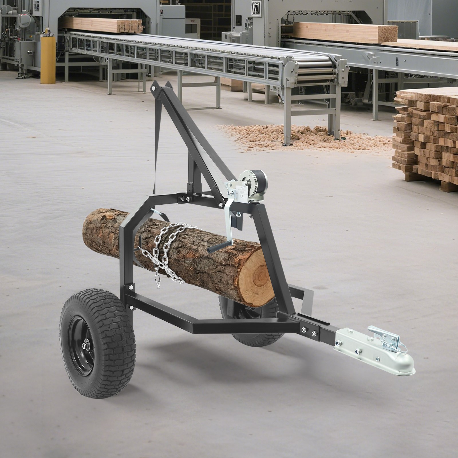 ATV Log Skidding Arch 1600lb Capacity 24in Log 16in Wheels Winch Chain Black