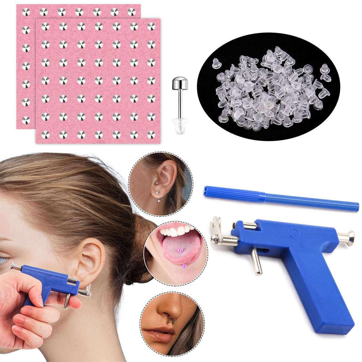 Ear Body Nose Navel Lips Tongue Piercing Gun Tool Kit 98pcs Ear Studs Piercer