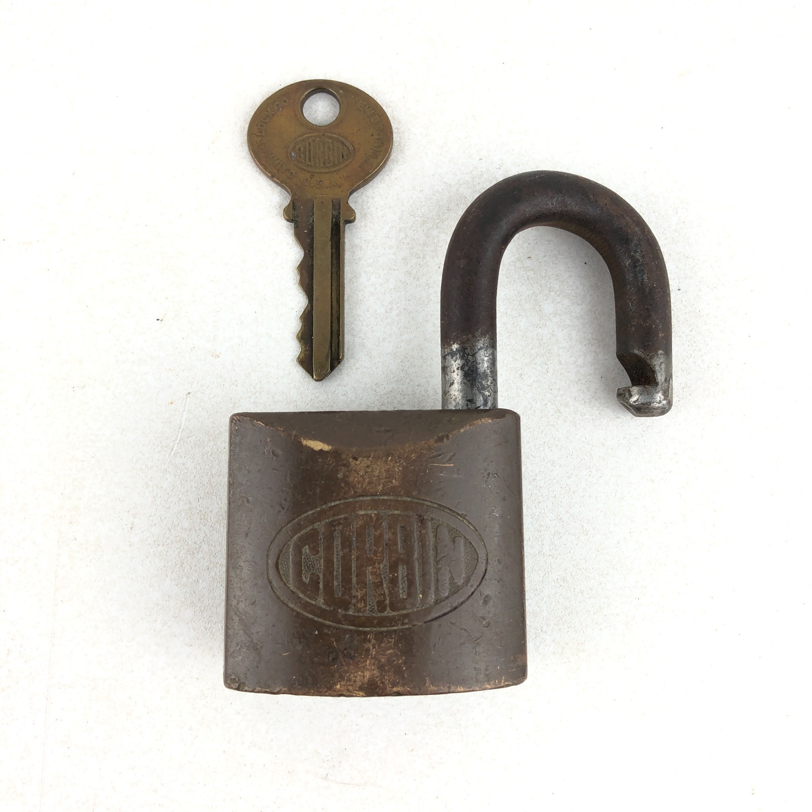 Antique Vintage Brass Corbin Cabinet Lock Co. Keyed Padlock with Key Old Works!