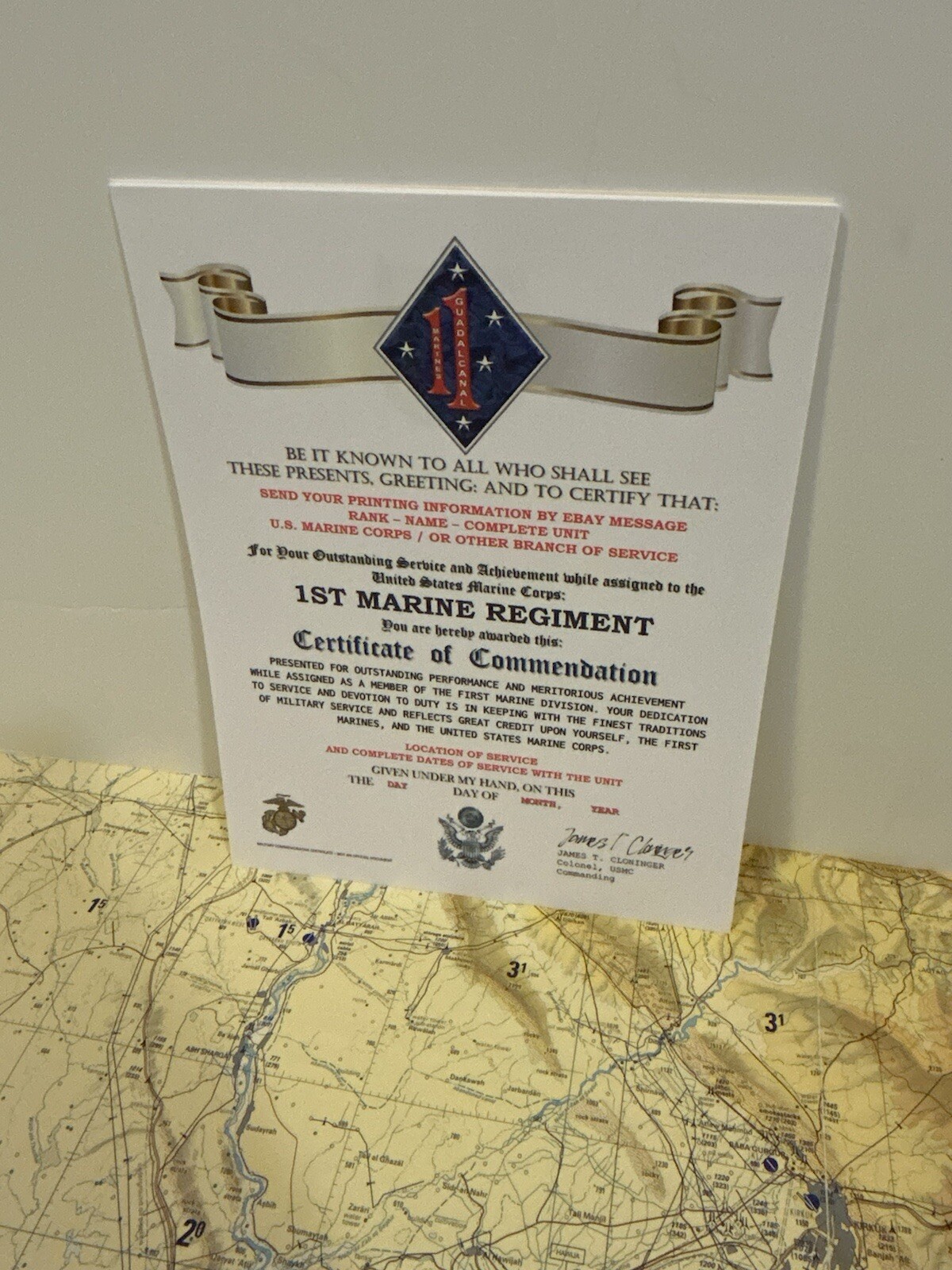 U.S. MARINE CORPS / 1ST MARINE REGIMENT (1 MARDIV) - CERTIFICATE OF COMMENDATION