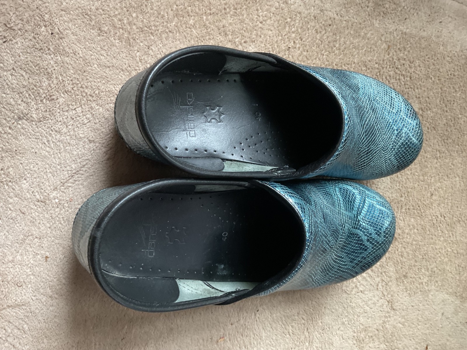 Pair of Blue "Gator Embossed" Dansko Clogs, sz. 40
