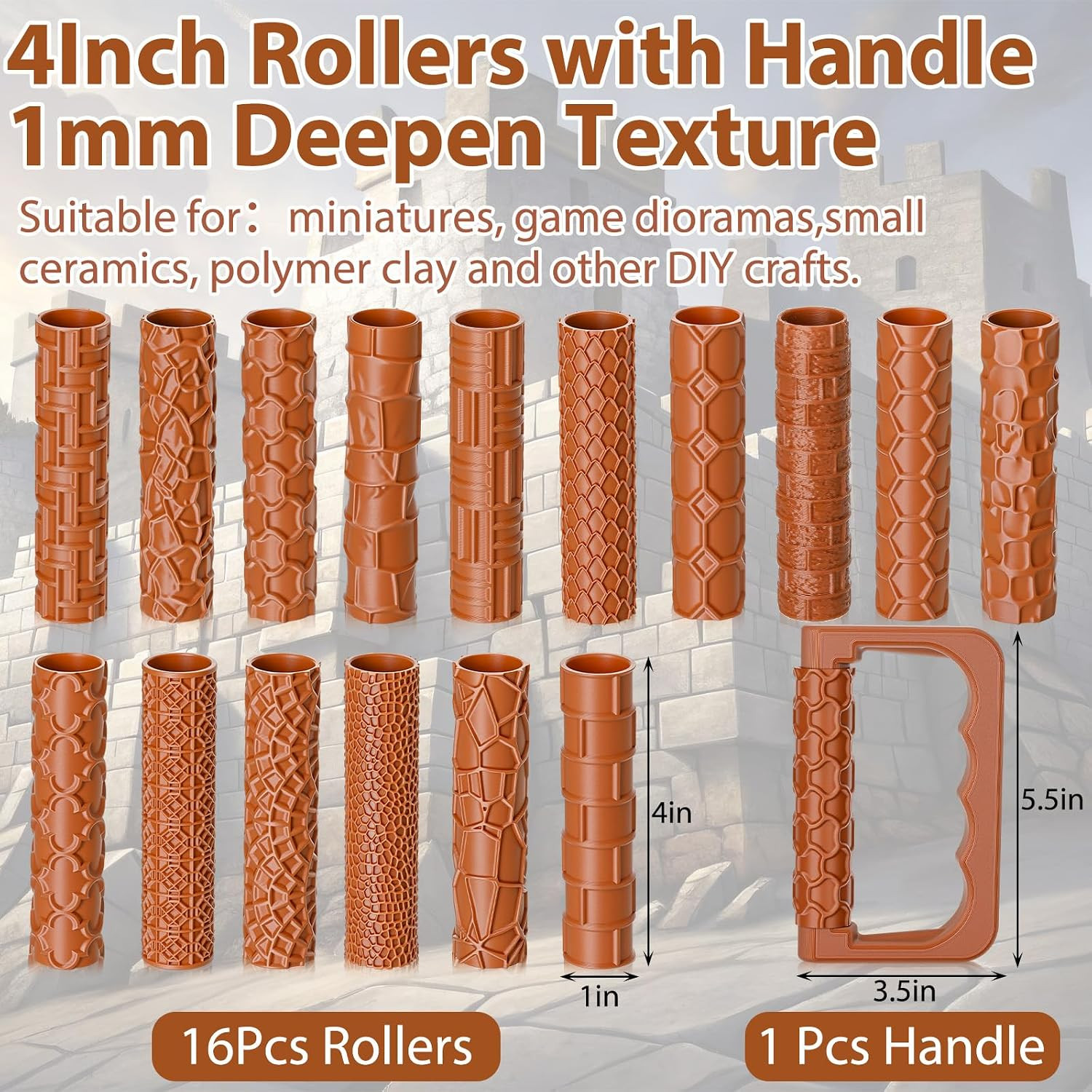 17 Pcs Clay Texture Roller Set with Handle, 8-Pattern 3D-Printed
