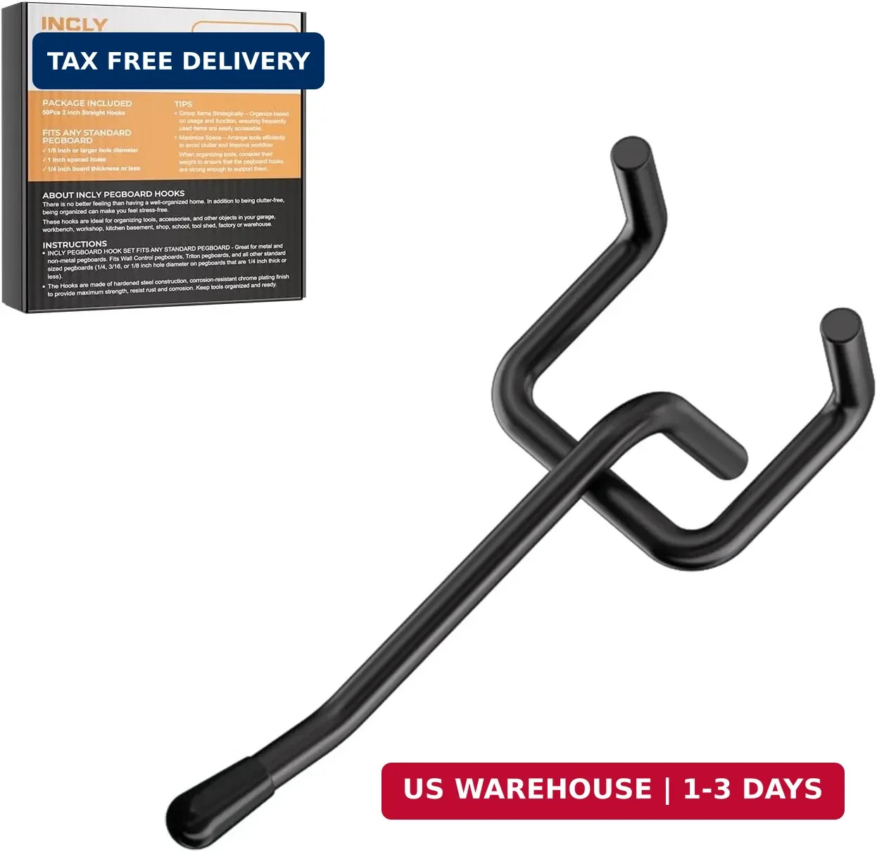 50 Pack Black Pegboard Hooks, 2 Inch Metal Peg Board Hooks Accessories, Pe