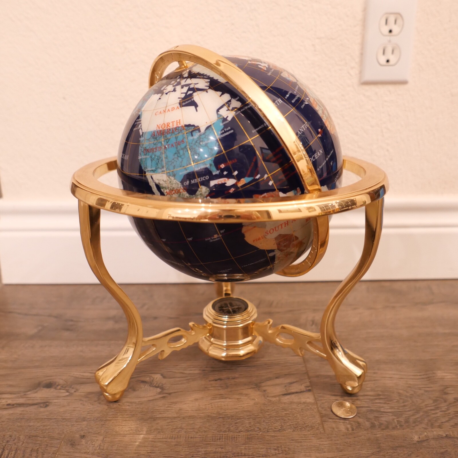 Lapis Gemstone World Globe 8" Desk Top Semi Precious Stone Compass