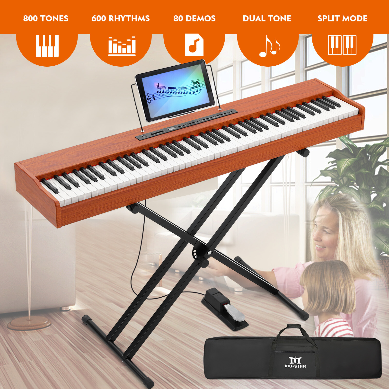 Brown 88Key Full Size Semi-Weighted Digital Piano Electric Keyboards w/Pedal,Bag